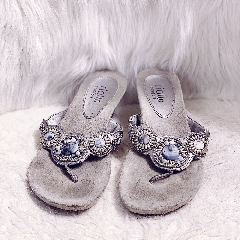 Grey Jewel Embellished Kitten Heel Sandals